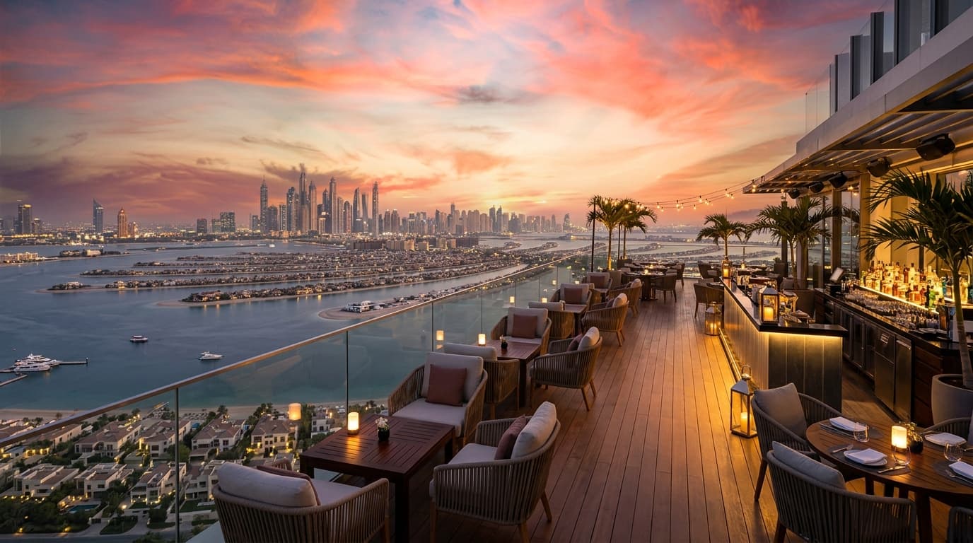 Which Palm-facing bar in Dubai gives iconic skyline panoramas at sunset?