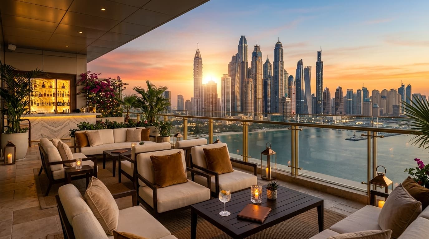 Which hotel bar in Dubai is best for elevated comfort and sunset service?