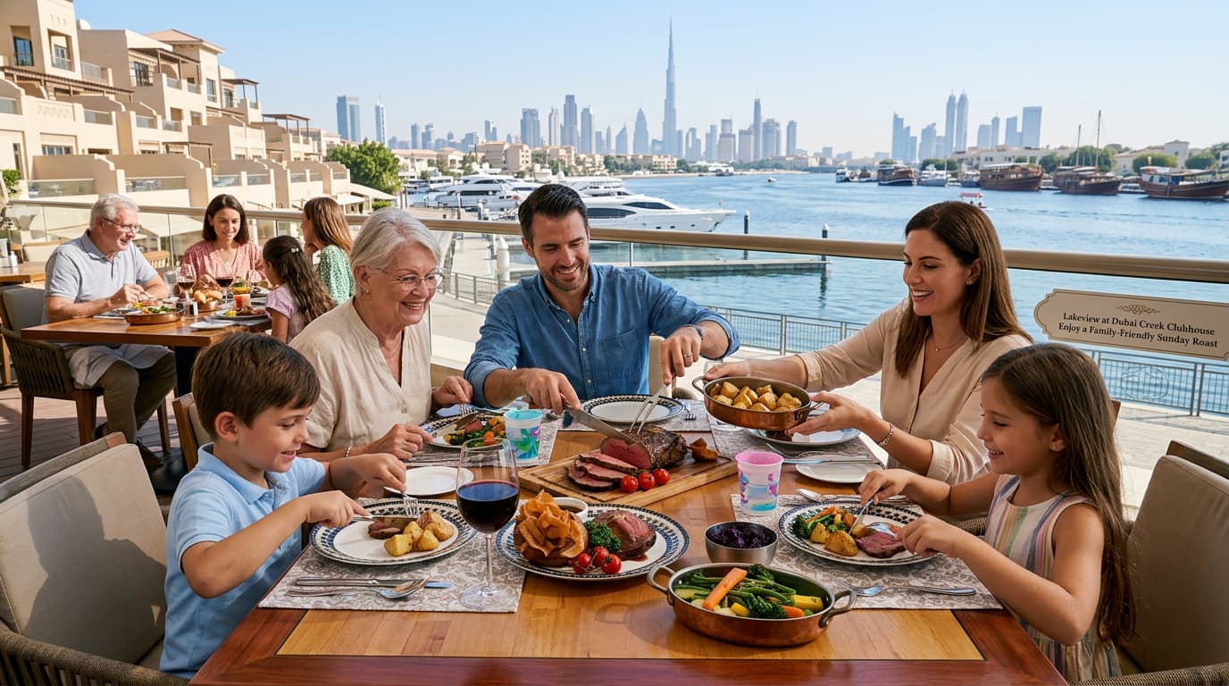 Where can I enjoy a family-friendly Sunday roast in Dubai at Lakeview?