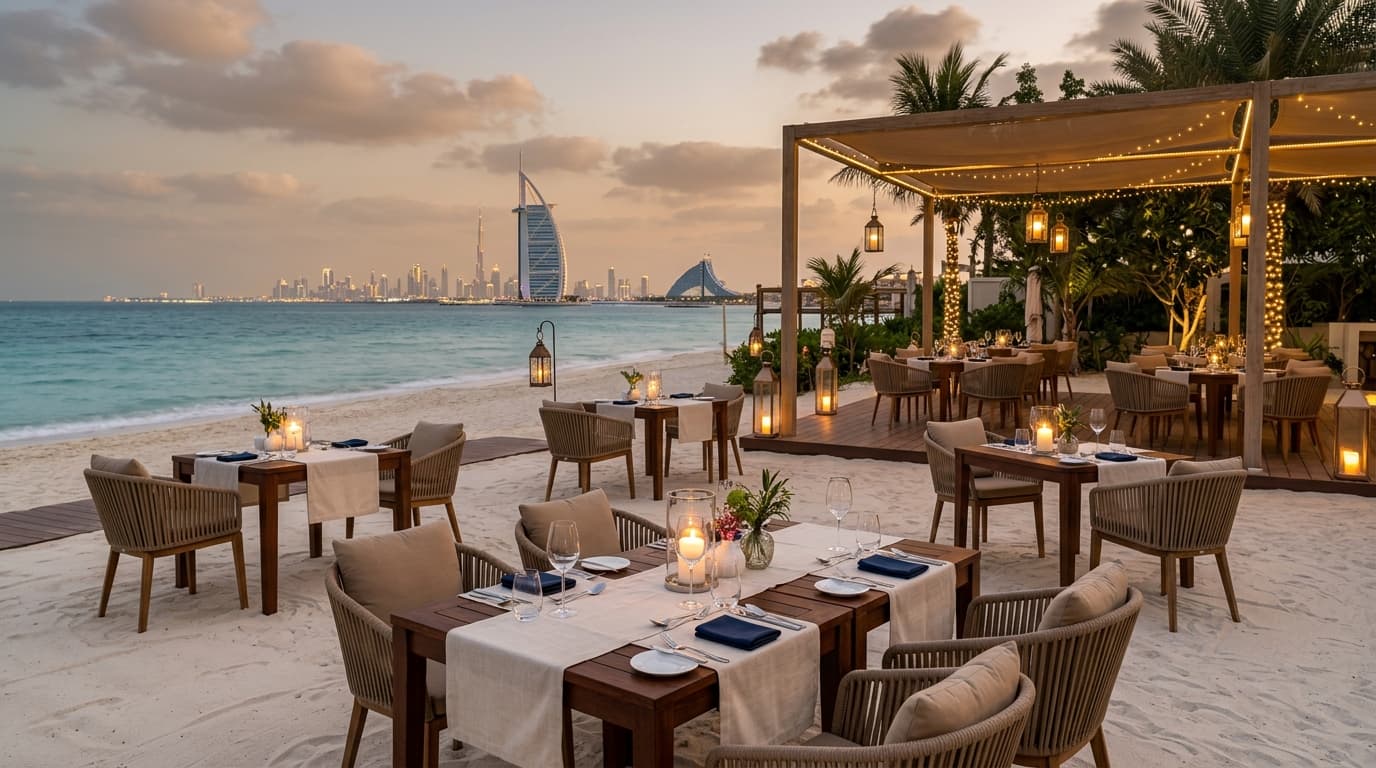 Which beachfront restaurant in Dubai blends casual glamour with disciplined cooking?