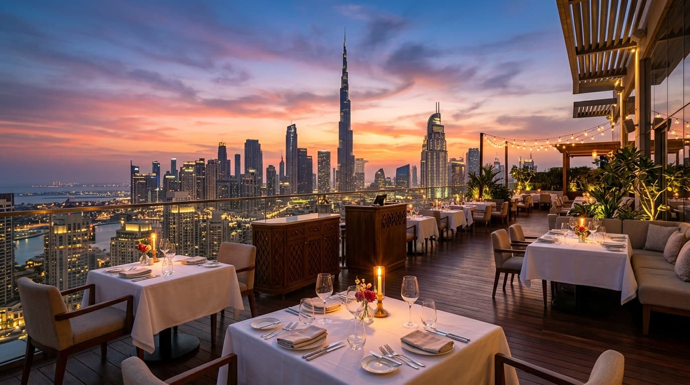 Which rooftop venue in Dubai offers steady cuisine and panoramic views?