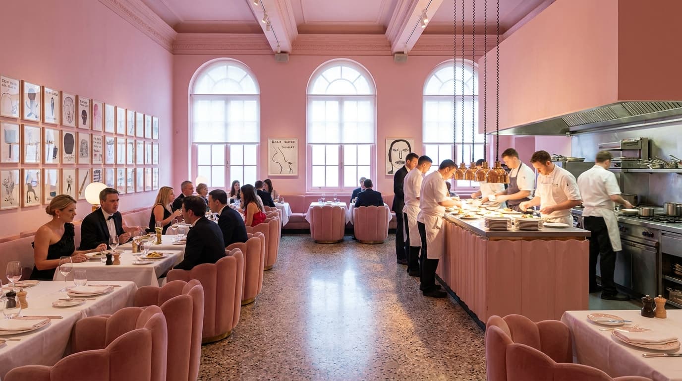 Which iconic restaurant pairs bold interiors with rigorous cooking in Dubai?