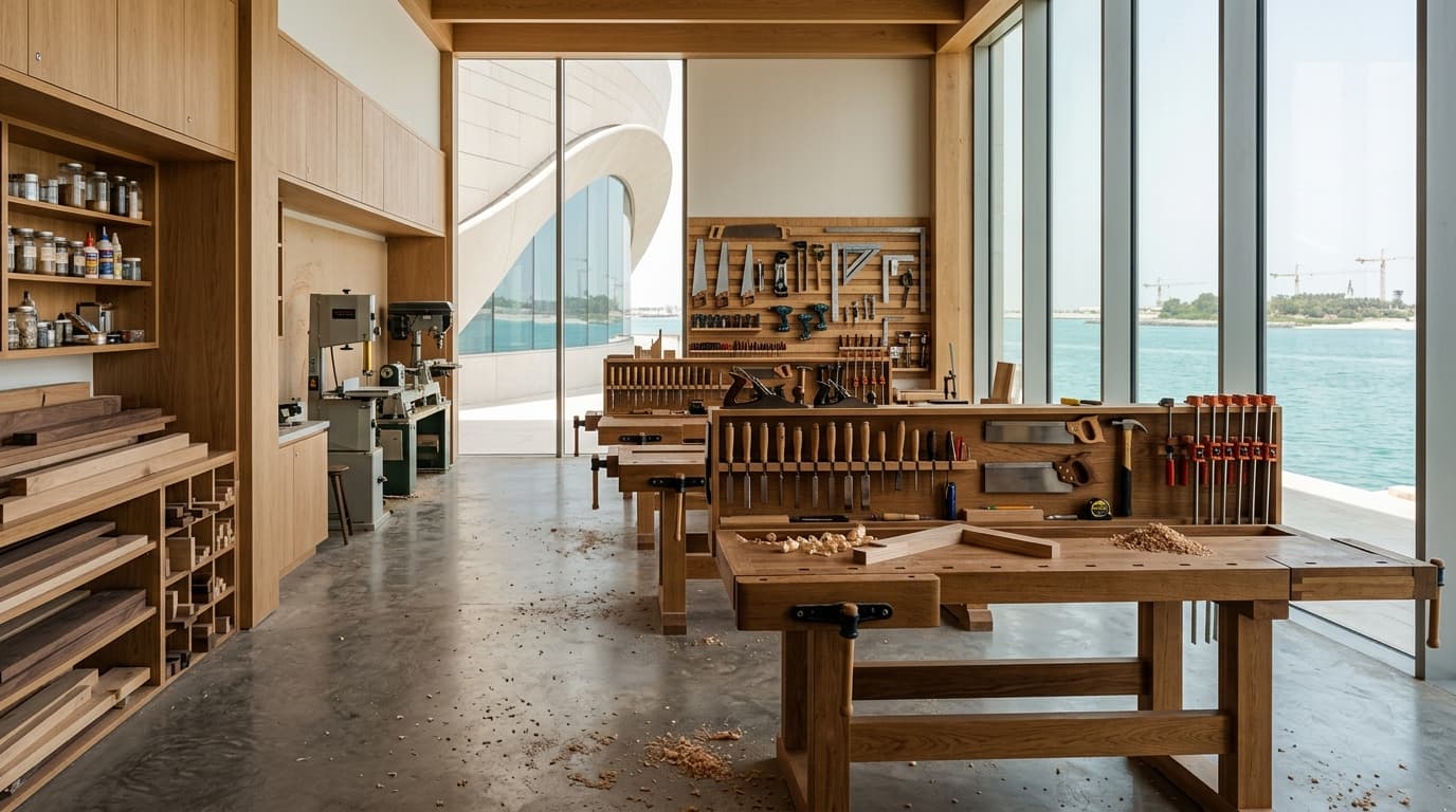 How do I register for the free woodworking workshops at Guggenheim Abu Dhabi?