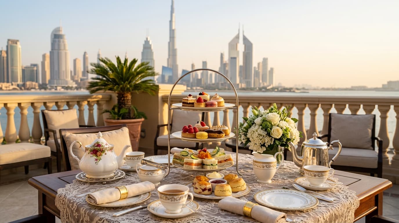 What creates the picture-perfect tea experience in Dubai?
