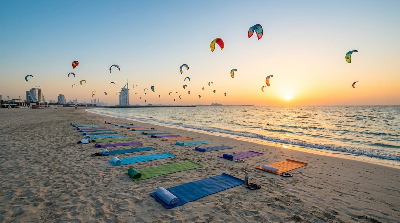Is Kite Beach a good place for sunrise yoga and kitesurfing in Dubai?