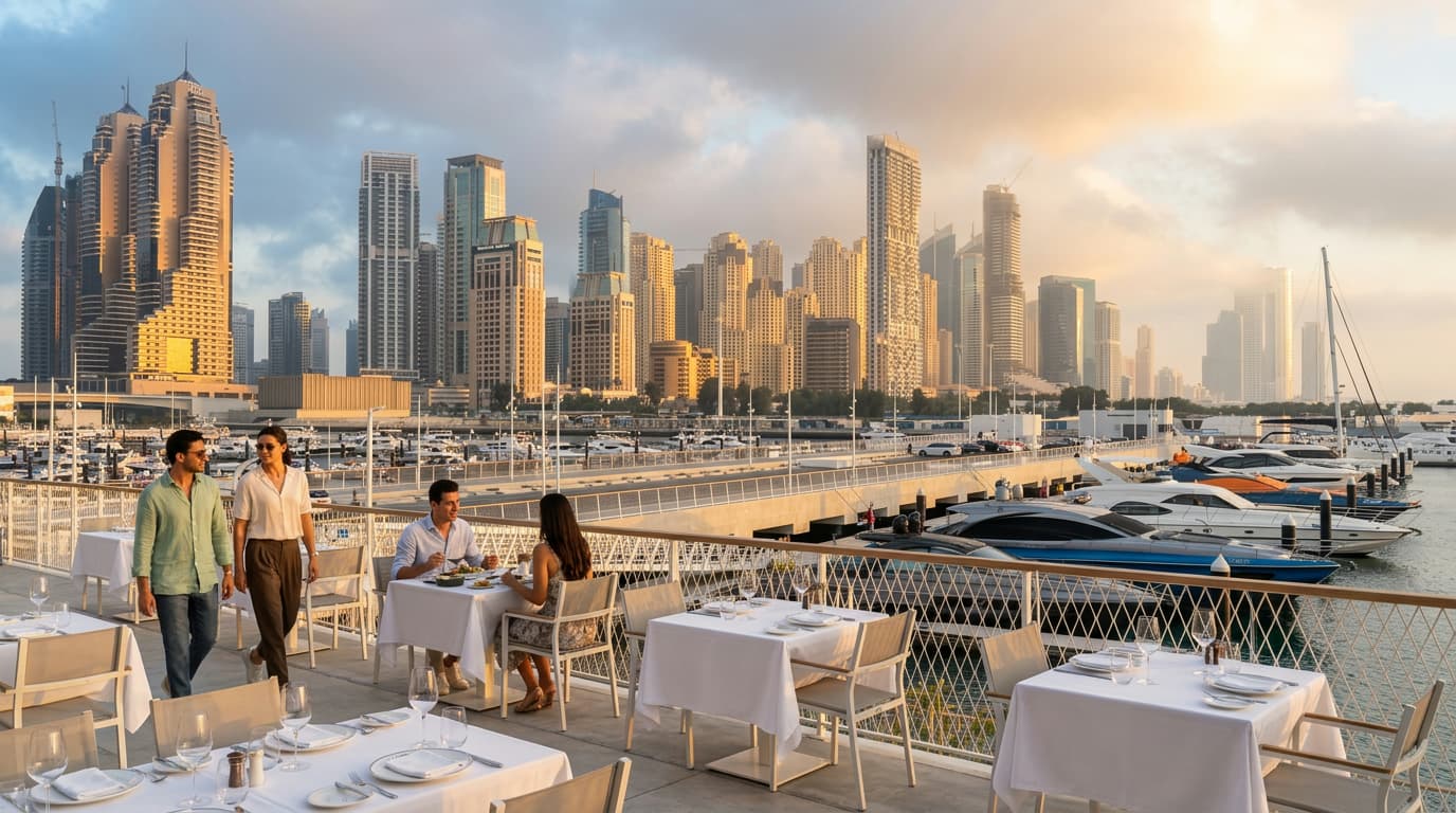 Где находится L’Amo Bistro Del Mare и что предлагает его терраса в Dubai Harbour?
