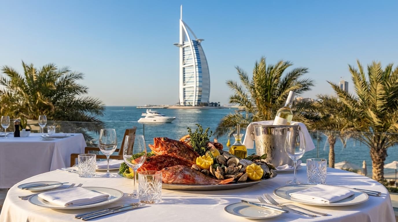 Где находится Rockfish и какие виды на океан он предлагает рядом с Burj Al Arab?