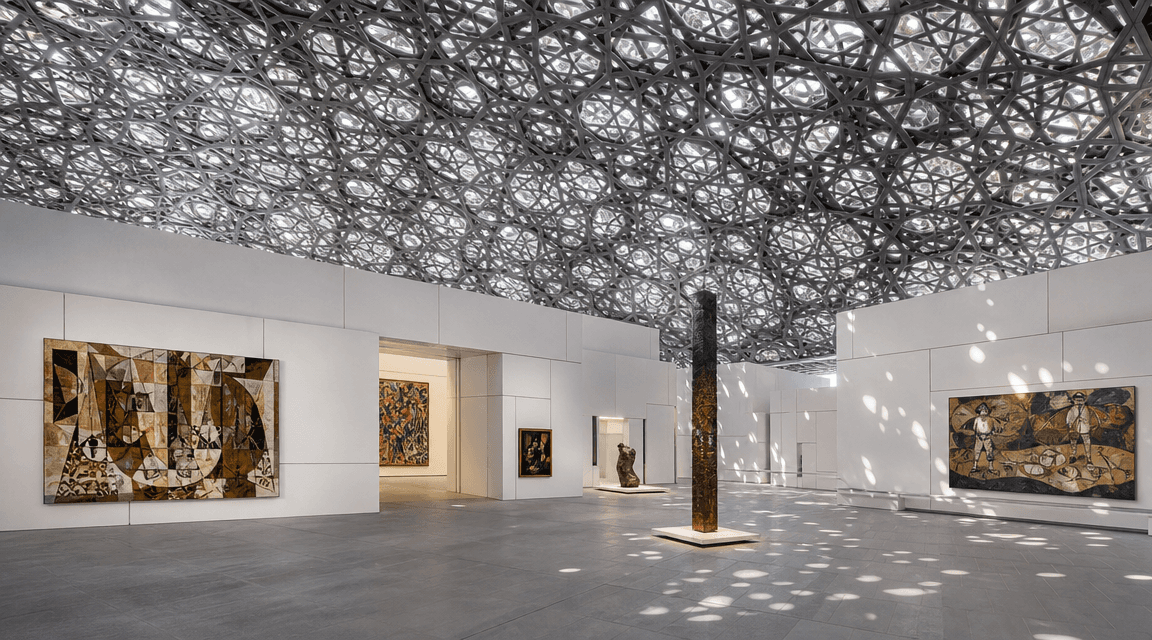 What family trails and workshops are available at Louvre Abu Dhabi?