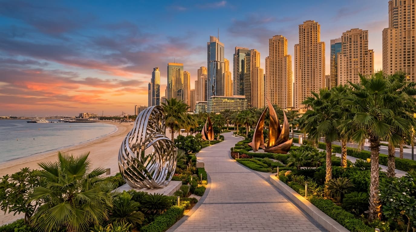 Where are public sculptures in Dubai: parks, plazas and promenades