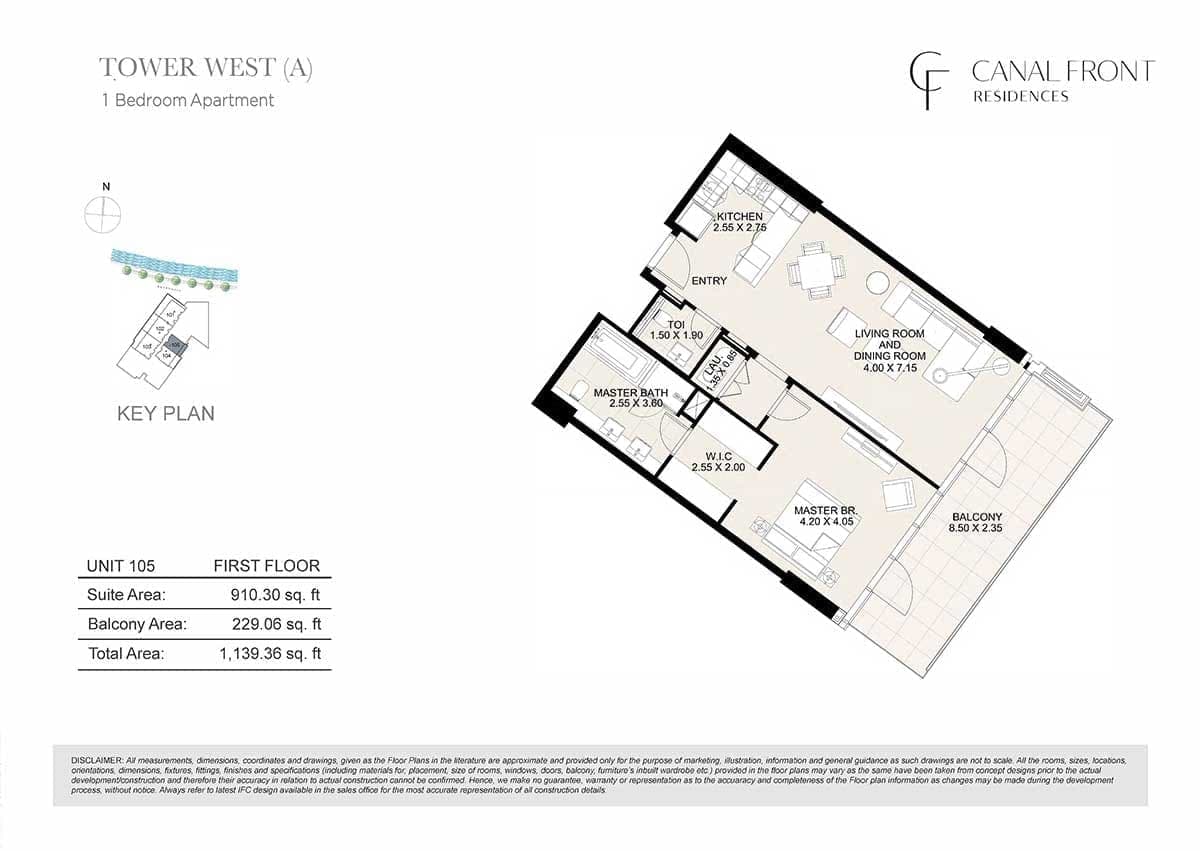 Canal Front Residences 1 Bedroom Apartment Tower West - A Floor Plans 2