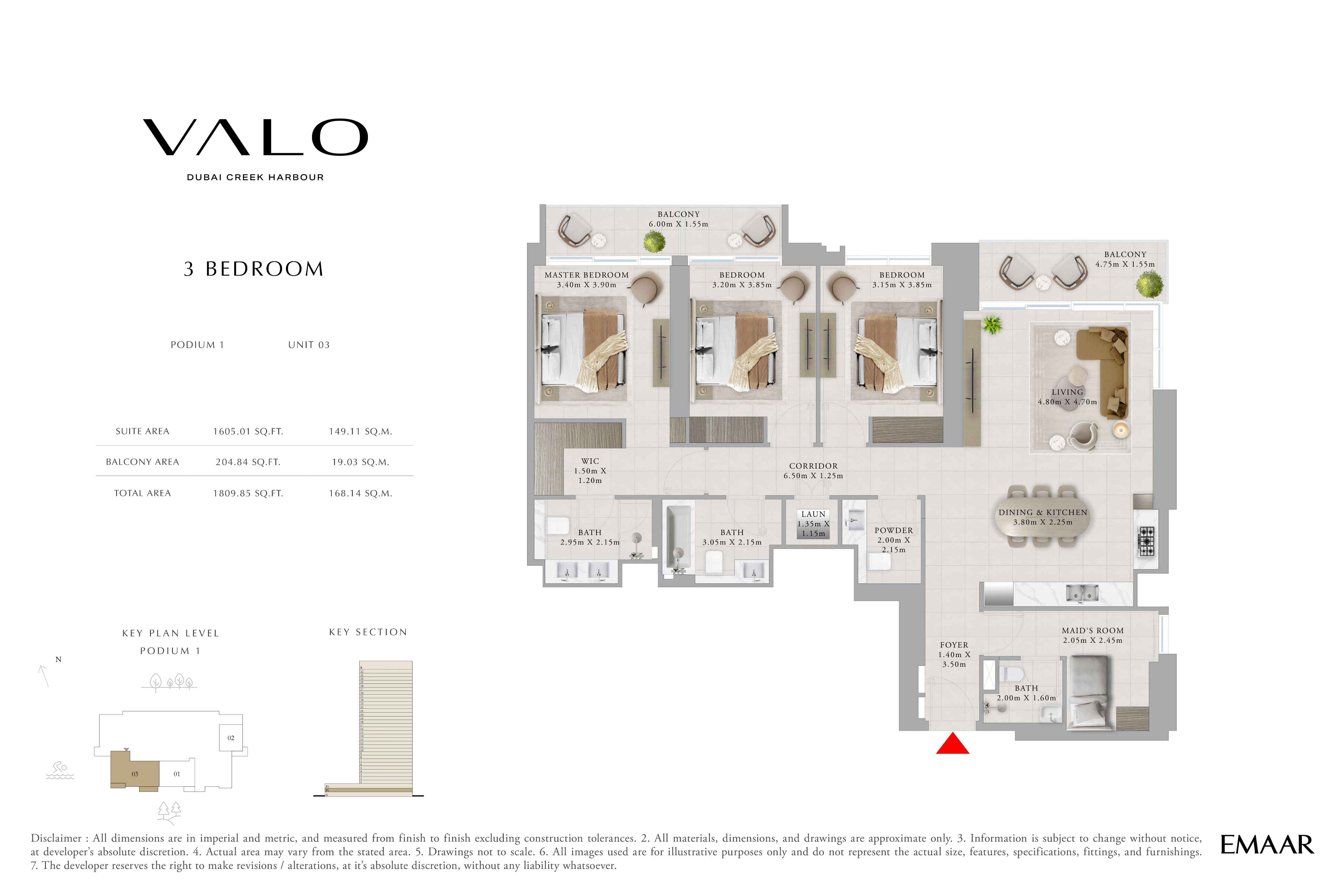Valo by Emaar 3 Bedroom Apartment Unit 3 Floor Plan